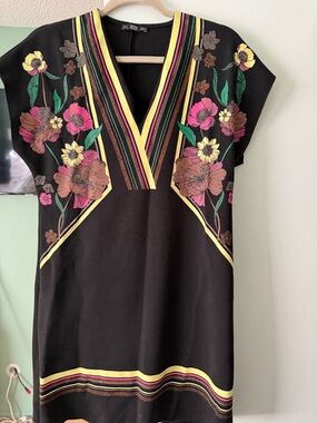 Zara Black Mini Dress with Pink, Yellow & Green Floral Print